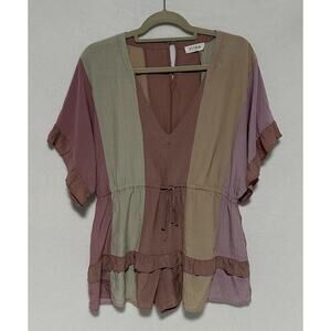 STORIA Flirty V-Neck Romper Small Drawstring Waist Ruffled Pastel Stripes EUC